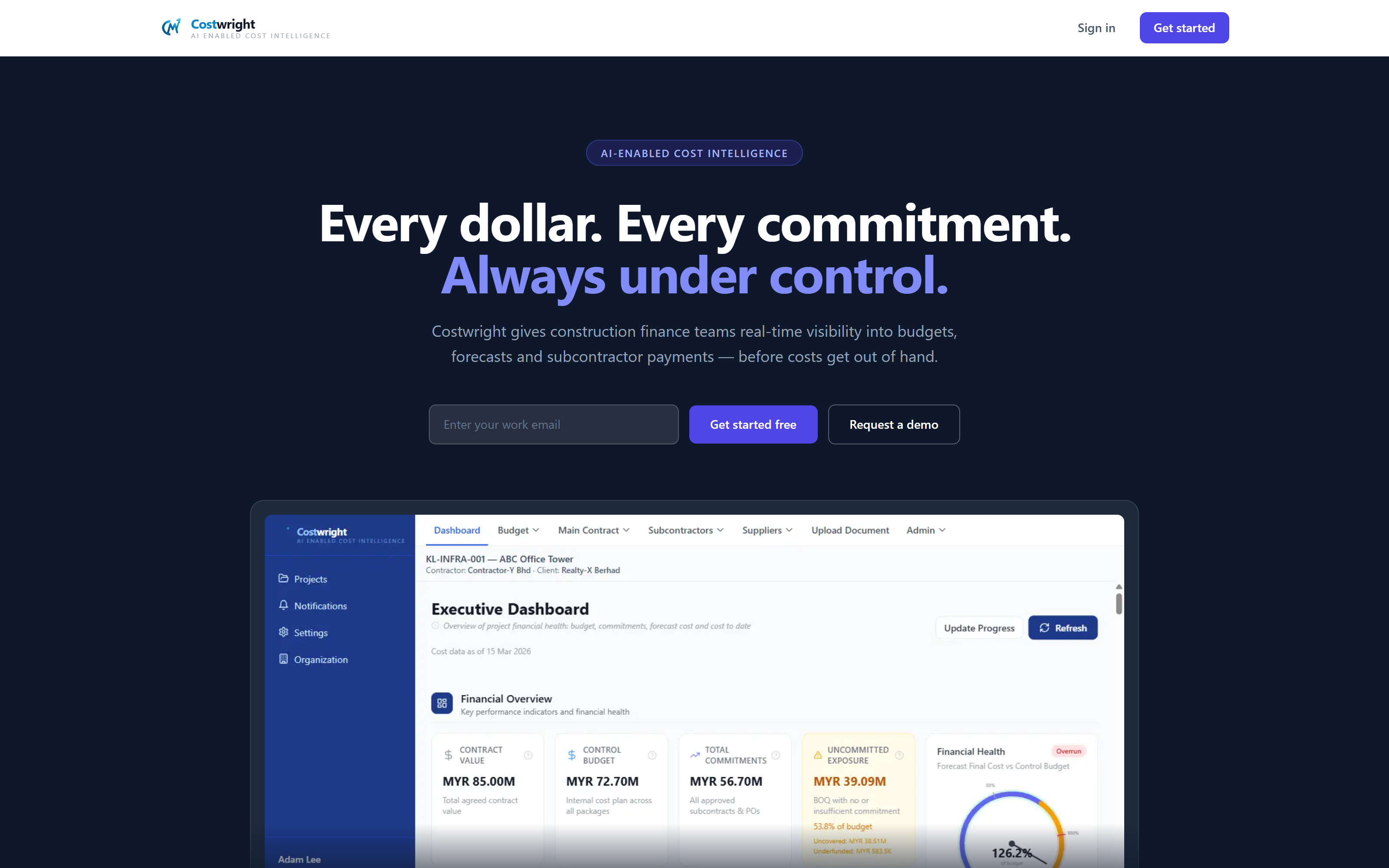 The Costwright dashboard: every dollar, every commitment, always under control, with live budget and forecast views